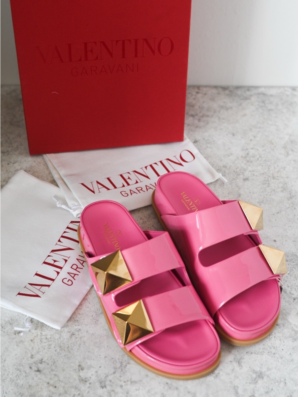 NEW Valentino Pink Patent Leather Oversized Stud Sandals w/ Box & Dust Bags